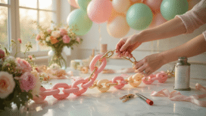 Cinematic close-up of colorful linked balloons in blush pink, cream, and sage green with metallic accents, as hands connect them into elegant chains on a white marble surface, with an electric pump, tie tools, and fresh florals scattered around, all under warm golden hour lighting.