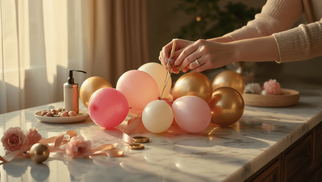 Close-up of hands tying colorful balloon clusters on a marble countertop, illuminated by warm golden hour light, with blush pink, cream, and gold balloons, tying tools, and silk ribbon in focus.