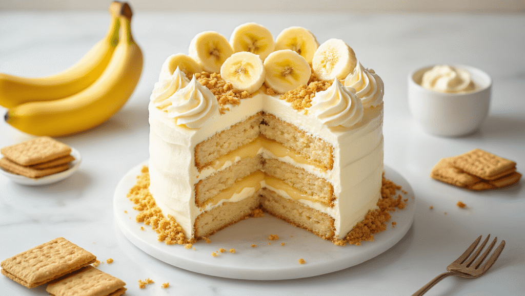 Cinematic overhead view of a banana pudding birthday cake with golden layers, silky vanilla pudding, whipped cream frosting, fresh banana slices, and crushed wafer cookies on a white marble surface, highlighted by warm golden hour lighting and a shallow depth of field.