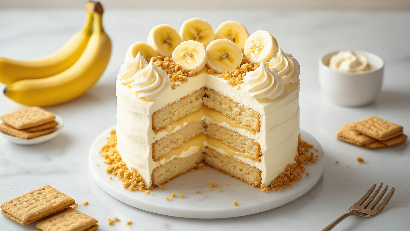 Cinematic overhead view of a banana pudding birthday cake with golden layers, silky vanilla pudding, whipped cream frosting, fresh banana slices, and crushed wafer cookies on a white marble surface, highlighted by warm golden hour lighting and a shallow depth of field.