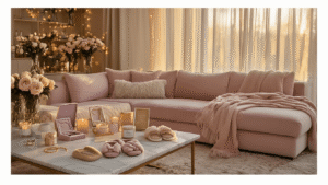Cozy living room during golden hour featuring a blush pink sectional sofa, marble coffee table with curated best friend gifts, warm ambient lighting, fresh peonies, and soft textures in a warm color palette.