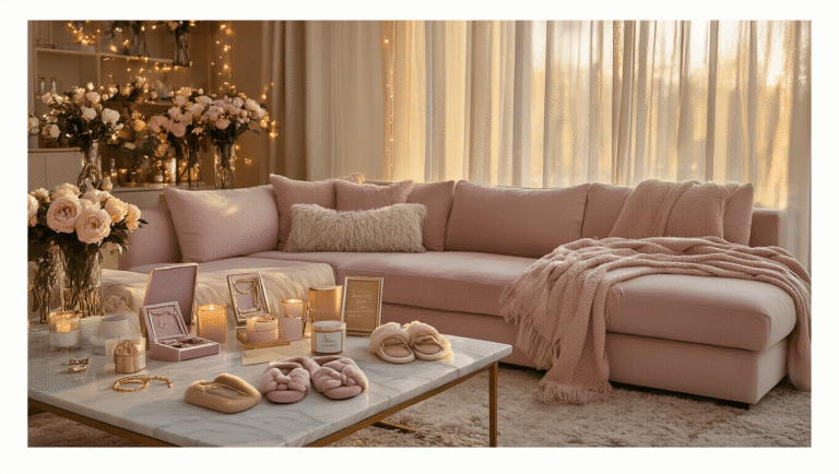 Cozy living room during golden hour featuring a blush pink sectional sofa, marble coffee table with curated best friend gifts, warm ambient lighting, fresh peonies, and soft textures in a warm color palette.