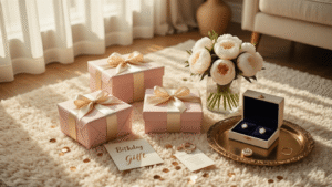 Top Birthday Gift Ideas for 2025: The Ultimate Gifting Guide Cinematic overhead shot of an elegant birthday gift display on a cream rug, featuring beautifully wrapped presents, custom memory books, sparkling jewelry, fresh peonies, and warm golden hour sunlight, with scattered confetti and a vintage brass tray.
