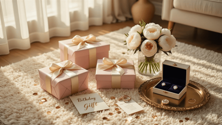 Cinematic overhead shot of an elegant birthday gift display on a cream rug, featuring beautifully wrapped presents, custom memory books, sparkling jewelry, fresh peonies, and warm golden hour sunlight, with scattered confetti and a vintage brass tray.