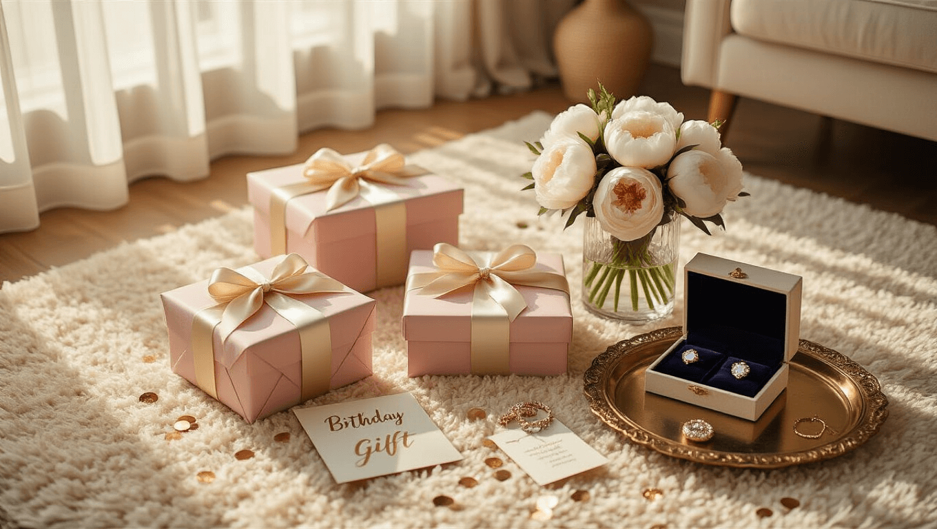 Cinematic overhead shot of an elegant birthday gift display on a cream rug, featuring beautifully wrapped presents, custom memory books, sparkling jewelry, fresh peonies, and warm golden hour sunlight, with scattered confetti and a vintage brass tray.