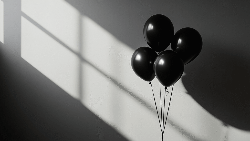 Cinematic close-up of elegant black balloons against a minimalist background, featuring dramatic lighting and subtle burgundy accents, with textures and contrasts creating an atmospheric, sophisticated vibe.