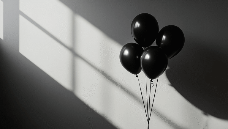 Cinematic close-up of elegant black balloons against a minimalist background, featuring dramatic lighting and subtle burgundy accents, with textures and contrasts creating an atmospheric, sophisticated vibe.