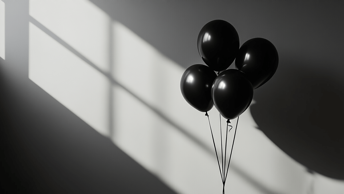 Cinematic close-up of elegant black balloons against a minimalist background, featuring dramatic lighting and subtle burgundy accents, with textures and contrasts creating an atmospheric, sophisticated vibe.