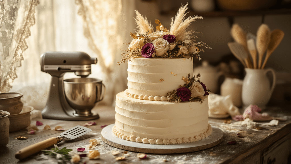 Elegant two-tier boho wedding cake with textured buttercream, adorned with dried flowers and gold leaf on a rustic wooden counter, illuminated by warm golden hour light, surrounded by baking tools and rose petals in a dreamy, intimate setting.