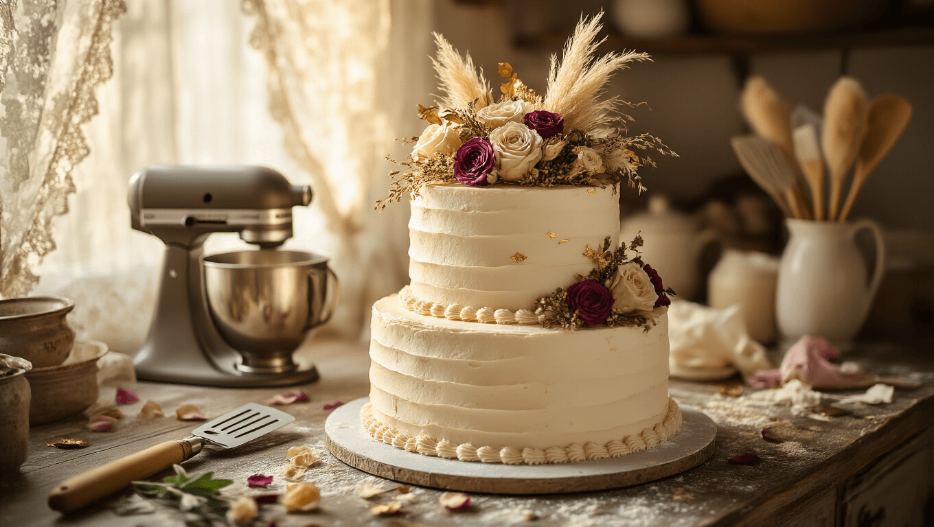 Elegant two-tier boho wedding cake with textured buttercream, adorned with dried flowers and gold leaf on a rustic wooden counter, illuminated by warm golden hour light, surrounded by baking tools and rose petals in a dreamy, intimate setting.