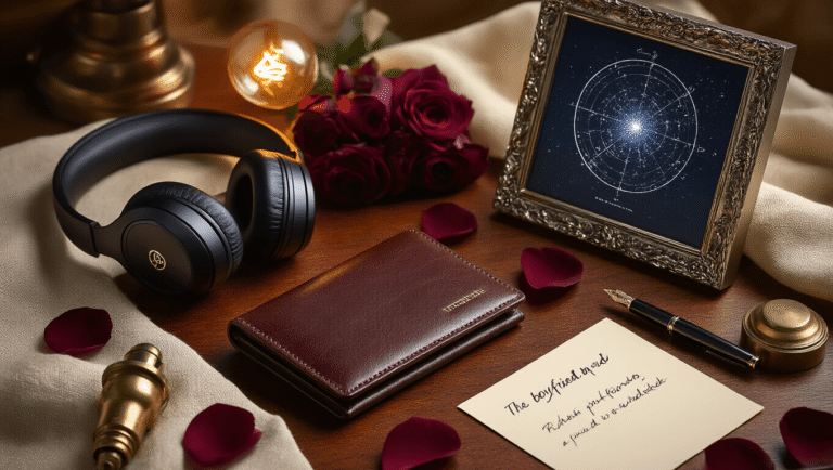 Incredible Birthday Gift Ideas for Your Boyfriend in 2025: The Ultimate Guide Cinematic close-up of a luxurious birthday gift arrangement on mahogany wood, featuring an engraved leather wallet, sleek black headphones, a framed star map, a mini projector, rose petals, and warm ambient lighting.