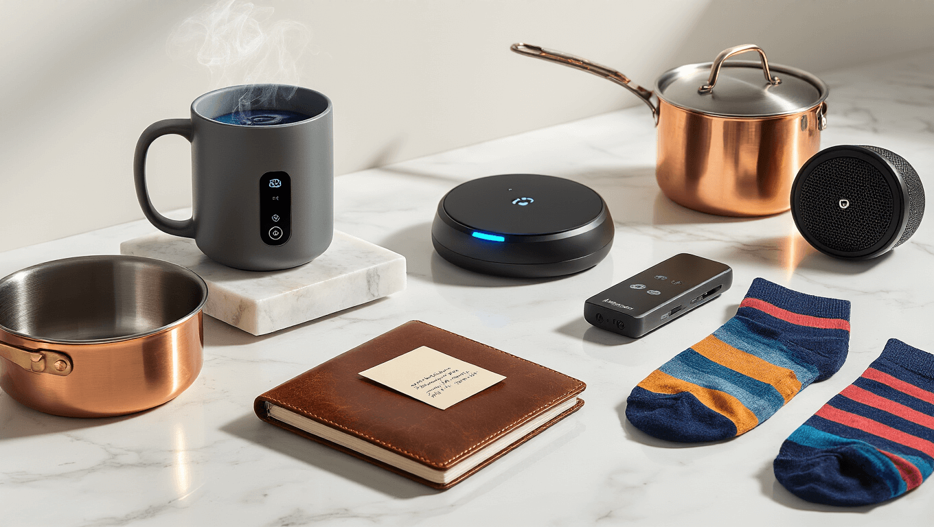 Cinematic flat lay of curated boyfriend gifts on a white marble surface, featuring a smart temperature mug, wireless charging dock, vintage leather journal, meat thermometer, quirky socks, portable Bluetooth speaker, and copper cookware, all showcased with warm lighting and rich textures.