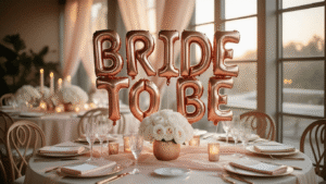 Cinematic overhead shot of a luxurious bridal shower setup with rose gold "BRIDE TO BE" balloons, elegant table with blush pink silk linens, crystal glassware, white peony centerpieces, flickering candles, cream place settings with gold rim details, and soft tulle draping, all captured in warm golden hour light with a bokeh background.