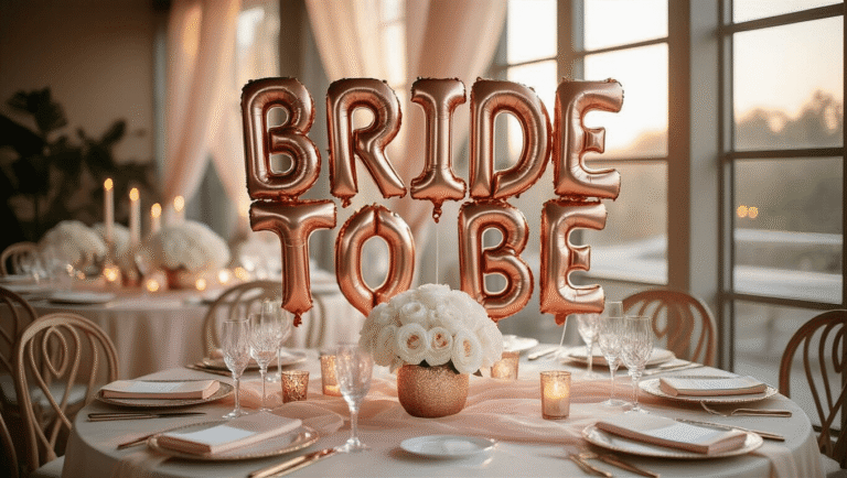 Cinematic overhead shot of a luxurious bridal shower setup with rose gold "BRIDE TO BE" balloons, elegant table with blush pink silk linens, crystal glassware, white peony centerpieces, flickering candles, cream place settings with gold rim details, and soft tulle draping, all captured in warm golden hour light with a bokeh background.