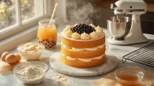 Cinematic overhead shot of a golden chiffon cake layered with creamy milk tea buttercream, glossy black tapioca pearls in amber brown sugar syrup, and bubble tea straws, set on a marble countertop with warm sunlight casting dramatic shadows and a wire cooling rack in the background.