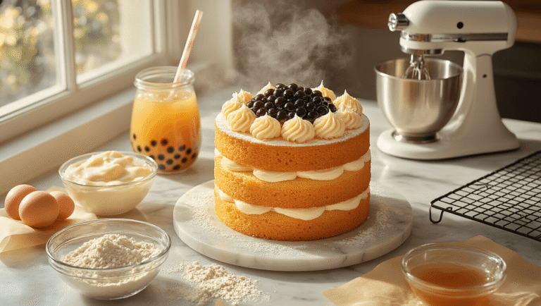 Cinematic overhead shot of a golden chiffon cake layered with creamy milk tea buttercream, glossy black tapioca pearls in amber brown sugar syrup, and bubble tea straws, set on a marble countertop with warm sunlight casting dramatic shadows and a wire cooling rack in the background.