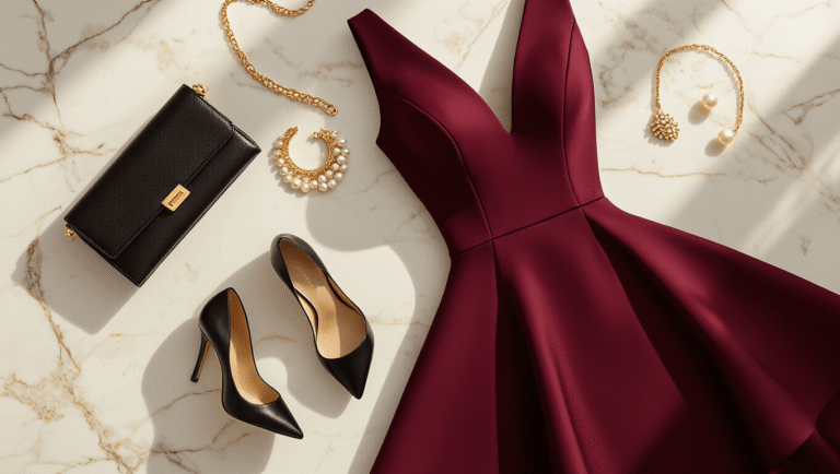 Elegant burgundy peplum cocktail dress displayed on a marble surface, accompanied by gold jewelry, a black leather clutch, nude block heels, and pearl earrings, showcasing a sophisticated evening wear arrangement with a clean, modern aesthetic.