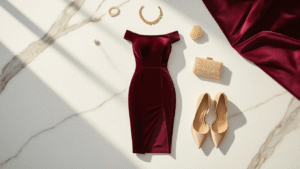 Elegant burgundy velvet sheath dress with a side slit, laid flat on white marble, accompanied by gold jewelry, nude satin heels, pearl earrings, and a beaded clutch, all in soft diffused lighting that highlights the dress's rich texture against a minimalist backdrop.