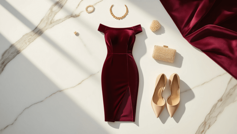 Elegant burgundy velvet sheath dress with a side slit, laid flat on white marble, accompanied by gold jewelry, nude satin heels, pearl earrings, and a beaded clutch, all in soft diffused lighting that highlights the dress's rich texture against a minimalist backdrop.
