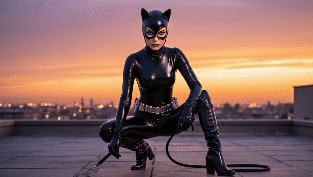 A female model in a glossy black catsuit and cat-eared cowl crouches on a rooftop at golden hour, showcasing bold winged eyeliner, thigh-high boots, and a coiled whip, with a vibrant orange-purple sky and city lights below, embodying feline strength in a striking superhero cosplay.