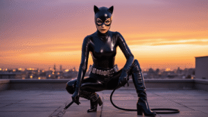 The Complete Guide to Nailing Your Catwoman Cosplay Look A female model in a glossy black catsuit and cat-eared cowl crouches on a rooftop at golden hour, showcasing bold winged eyeliner, thigh-high boots, and a coiled whip, with a vibrant orange-purple sky and city lights below, embodying feline strength in a striking superhero cosplay.