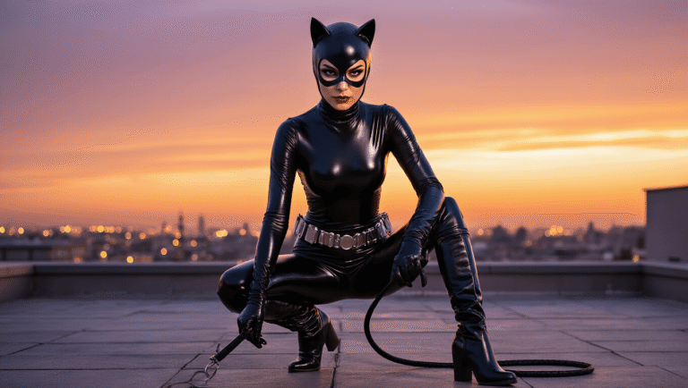 A female model in a glossy black catsuit and cat-eared cowl crouches on a rooftop at golden hour, showcasing bold winged eyeliner, thigh-high boots, and a coiled whip, with a vibrant orange-purple sky and city lights below, embodying feline strength in a striking superhero cosplay.