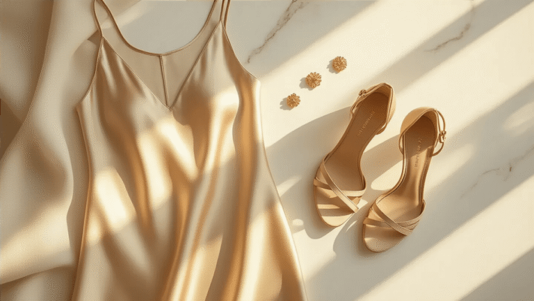 Elegant flat lay featuring a champagne silk slip dress draped on white linen alongside delicate tan strappy heels, accented by minimalist gold jewelry, all set against a clean marble surface with warm golden hour lighting.