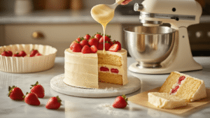 Champagne Strawberry Cake: An Elegant Celebration Dessert A beautifully styled champagne strawberry cake assembly scene on a marble countertop, featuring warm cinematic lighting, creamy butter mixture, fresh strawberries, a champagne bottle, and elegant layers adorned with ivory white chocolate ganache, complemented by edible gold leaf and a mint garnish.