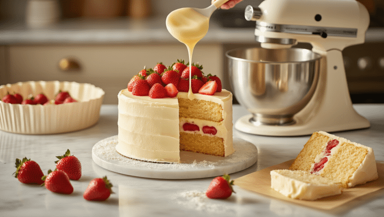 A beautifully styled champagne strawberry cake assembly scene on a marble countertop, featuring warm cinematic lighting, creamy butter mixture, fresh strawberries, a champagne bottle, and elegant layers adorned with ivory white chocolate ganache, complemented by edible gold leaf and a mint garnish.
