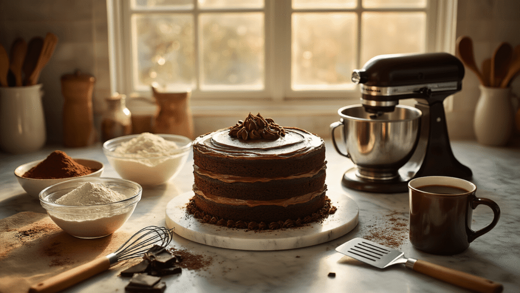 Cinematic overhead shot of decadent chocolate fudge layer cake preparation with cocoa, flour, whisked eggs, and steaming coffee on warm marble countertop, featuring warm amber tones and cozy kitchen ambiance.