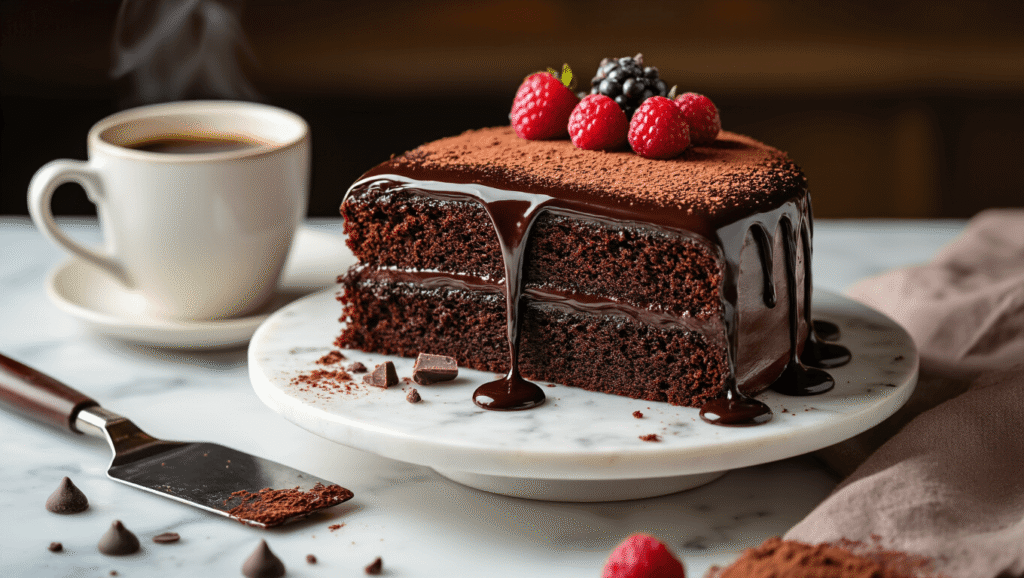 Cinematic close-up of a decadent chocolate ganache cake on a white ceramic stand, with glossy chocolate drips, visible cocoa layers, and a steaming coffee cup beside it, accented by chocolate chunks and cocoa powder, warm amber lighting, and fresh berries as garnish, creating a luxurious atmosphere.