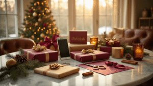 Cinematic shot of a cozy Christmas gift wrapping station on a marble table, featuring curated boyfriend gifts wrapped in burgundy and gold paper, complemented by vintage scissors, silk ribbons, and festive decor, all illuminated by warm morning light.