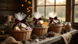 21 Creative Christmas Basket Gift Ideas: The Ultimate Guide to Festive, Thoughtful Presents Cinematic view of elegant Christmas gift baskets filled with gourmet treats on a rustic barn wood surface, illuminated by golden hour lighting, featuring artisan cocoa, gourmet coffee, cheeses, chocolate truffles, marshmallows, and adorned with velvet ribbons, fairy lights, and natural accents.