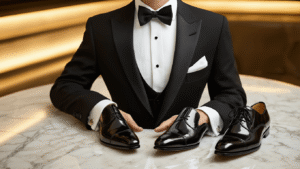Master the Classic Tuxedo with Bow Tie Look That Never Goes Out of Style Classic black tuxedo ensemble featuring a tailored jacket, white dress shirt, black bow tie, silver cufflinks, and patent leather shoes on a clean marble surface with warm golden lighting.