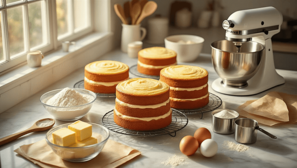 Cinematic overhead view of a marble kitchen counter with golden vanilla cake layers on cooling racks, surrounded by baking ingredients including flour, butter, eggs, vanilla extract, and sugar, illuminated by warm golden hour light.