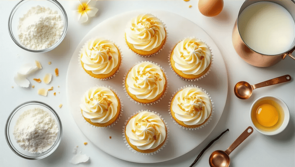 Cinematic overhead shot of golden coconut cream cupcakes on a white marble surface, featuring fluffy cupcakes with swirled white frosting and toasted coconut flakes, surrounded by tropical ingredients like coconut milk, flour, sugar, coconut flakes, vanilla pods, and melting butter, illuminated by soft natural light.