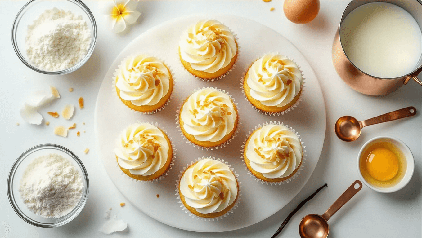 Cinematic overhead shot of golden coconut cream cupcakes on a white marble surface, featuring fluffy cupcakes with swirled white frosting and toasted coconut flakes, surrounded by tropical ingredients like coconut milk, flour, sugar, coconut flakes, vanilla pods, and melting butter, illuminated by soft natural light.