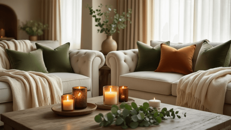 Cozy living room sanctuary with plush seating, throw blankets, scented candles, and decorative pillows, bathed in warm amber light.