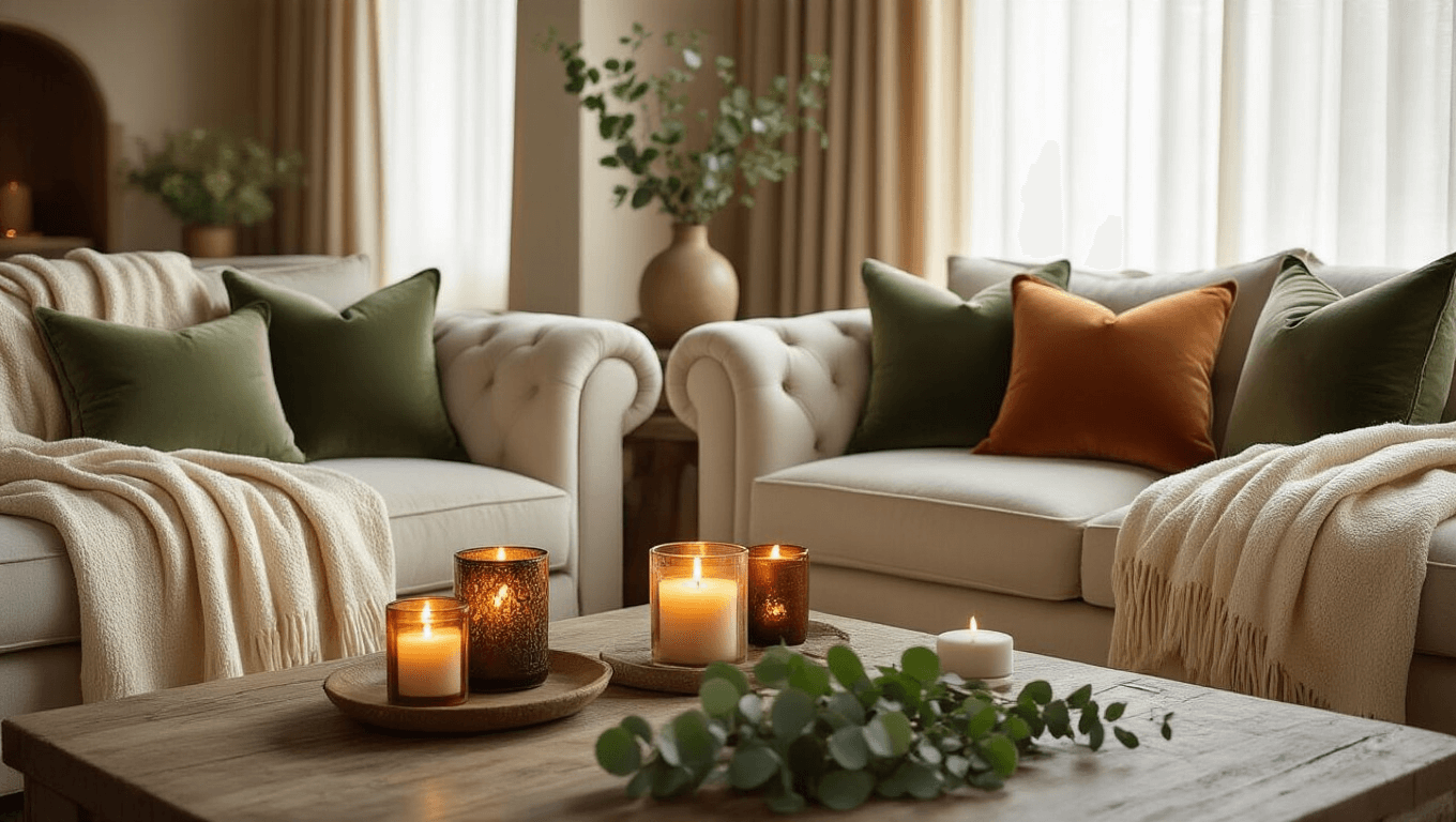Cozy living room sanctuary with plush seating, throw blankets, scented candles, and decorative pillows, bathed in warm amber light.