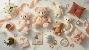 Overhead flatlay of a charming gift display on a white marble surface, featuring plush toys, personalized mugs, engraved jewelry, and more, framed by soft lighting, fresh flowers, and elegant ribbons, creating a cozy and joyful atmosphere.