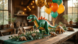 Roaring Fun: The Ultimate Guide to Dinosaur Balloons for Epic Parties Whimsical dinosaur balloon centerpiece on a rustic wooden table adorned with vibrant T-Rex and Triceratops balloons, metallic foil dinosaurs, eucalyptus garlands, and ceramic figurines, illuminated by warm golden hour light, creating a magical prehistoric party atmosphere.