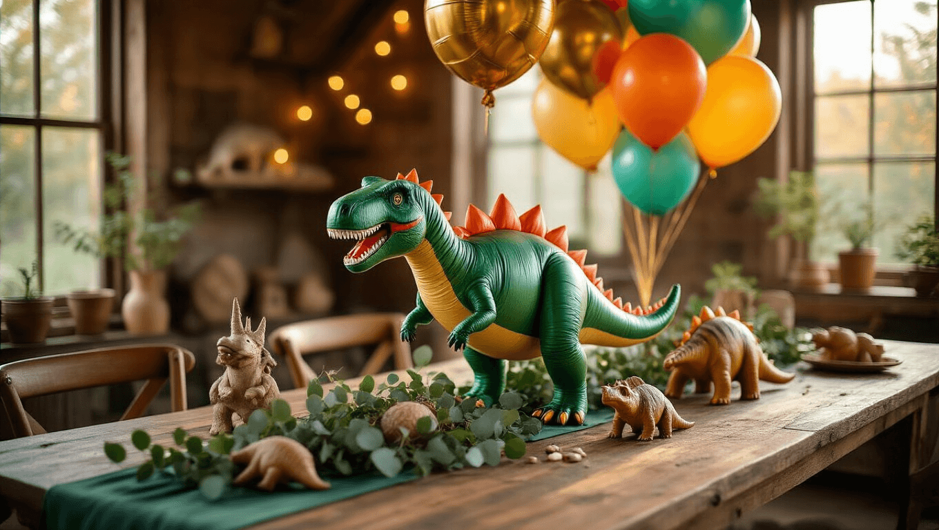 Whimsical dinosaur balloon centerpiece on a rustic wooden table adorned with vibrant T-Rex and Triceratops balloons, metallic foil dinosaurs, eucalyptus garlands, and ceramic figurines, illuminated by warm golden hour light, creating a magical prehistoric party atmosphere.