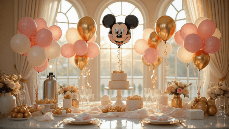 Elegant party setup featuring colorful Disney character and Mickey Mouse foil balloons on marble surfaces, with shimmering gold and blush pink latex balloons, crystal glassware reflecting soft light, and silk ribbons cascading from balloon bouquets, creating a warm, inviting atmosphere.