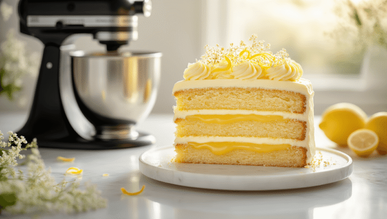 Cinematic close-up of an elegant three-layer elderflower lemon cake with golden buttercream swirls and glossy lemon curd, garnished with fresh lemon zest and elderflower sprigs, set on a white marble surface with warm natural lighting and soft background elements.