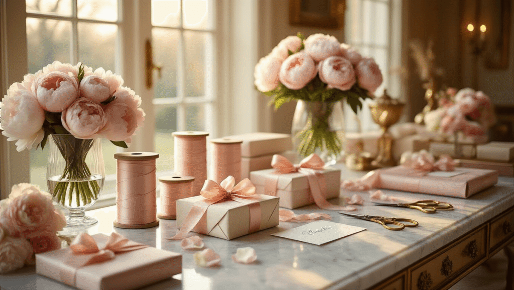 Elegant ballroom gift wrapping station with marble countertops, silk ribbons, luxury wrapped presents, peonies, and warm golden hour light.