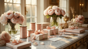 Ultimate Gift Guide 2025: Trending Presents for Every Personality Elegant ballroom gift wrapping station with marble countertops, silk ribbons, luxury wrapped presents, peonies, and warm golden hour light.