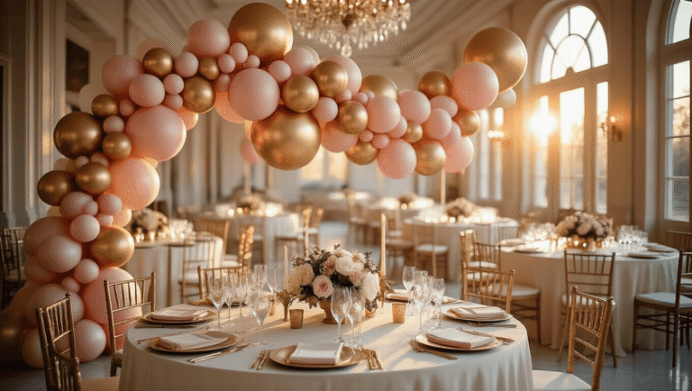 Cinematic view of an elegant ballroom at golden hour, featuring a balloon garland of metallic gold and blush pink balloons, ivory-draped tables, crystal glassware, white floral centerpieces with eucalyptus, brass candlesticks, and polished marble floors, all illuminated by soft sunlight.