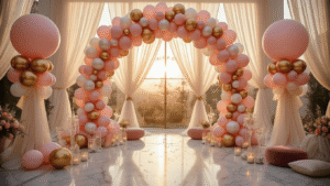 Elegant birthday party setup with helium balloon bouquets in blush pink, gold, and silver, marble surfaces, silk linens, crystal centerpieces, and warm candlelight, creating a festive atmosphere during golden hour.