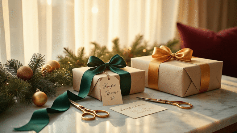 Elegant Christmas gift wrapping station on a marble countertop, illuminated by golden hour sunlight. Features luxurious silk ribbons, vintage scissors, personalized gift tags, beautifully wrapped presents, fresh pine garland, and glass ornaments, all arranged in a warm, inviting atmosphere.