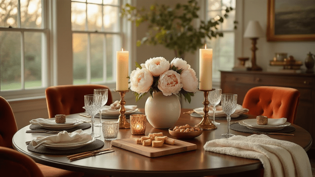 Elegant dining room setup for a housewarming, featuring a round mahogany table adorned with luxury scented candles, a fresh peony centerpiece, artisan cutting boards with gourmet snacks, crystal glassware, and monogrammed towels, all bathed in warm golden hour light that highlights brass and ceramic textures, creating an inviting atmosphere.